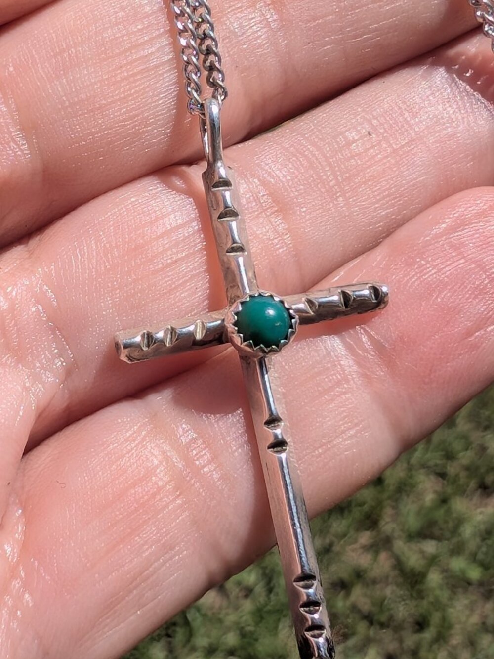 Navajo Style Sterling Silver Turquoise Cross Pendant Necklace
